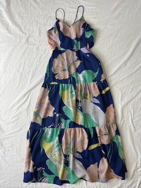 Lulus XS Navy Floral Tiered Maxi Dress Spaghetti Strap Elastic Waist Ankle Lengt
